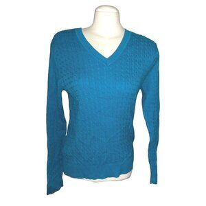 Tommy Hilfiger Cable Knit V Neck Pima Cotton Sweater Sz XL Womens Blue Soft